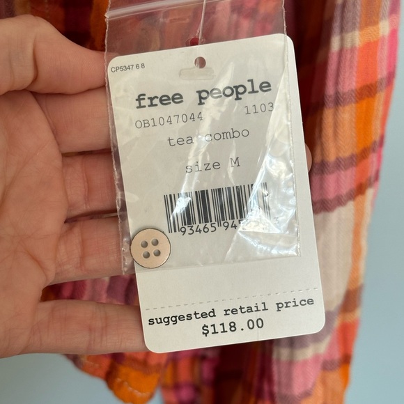 Free People Plaid Seina Blouse Smocked Square Neck Retro Peasant Top NWT - Picture 9 of 11